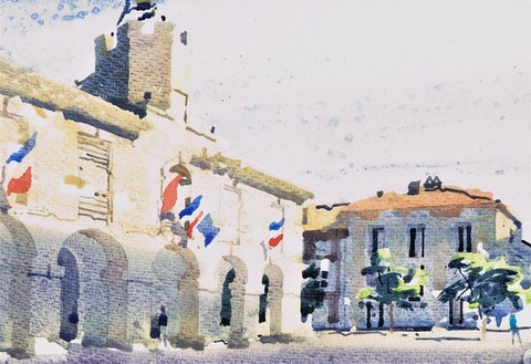 L’hôtel de ville bessanais est sublimé sous les traits de l’artiste installé près de Pézenas, spécialiste de l’aquarelle