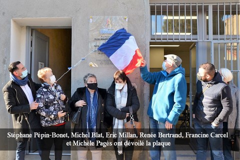 Stéphane Pépin-Bonet, Michel Blat, Eric Millan, Renée Bertrand, Francine Carcel et Michèle Pagès ont dévoilé la plaque