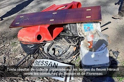Triste résultat de collecte organisée sur les berges du fleuve Hérault entre les communes de Bessan et de Florensac